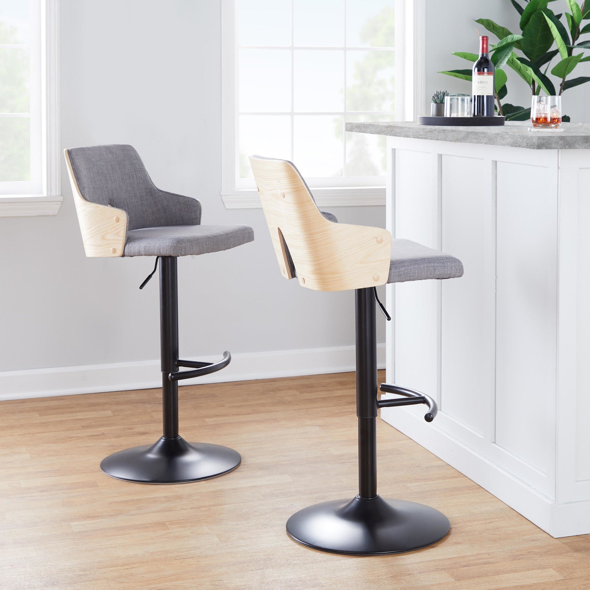 Stella Adjustable Barstool - Set of 2 - Black Metal, Natural Wood, Light Grey Fabric