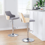 Stella Adjustable Barstool - Set of 2 - Chrome Metal, Natural Wood, Light Grey Fabric