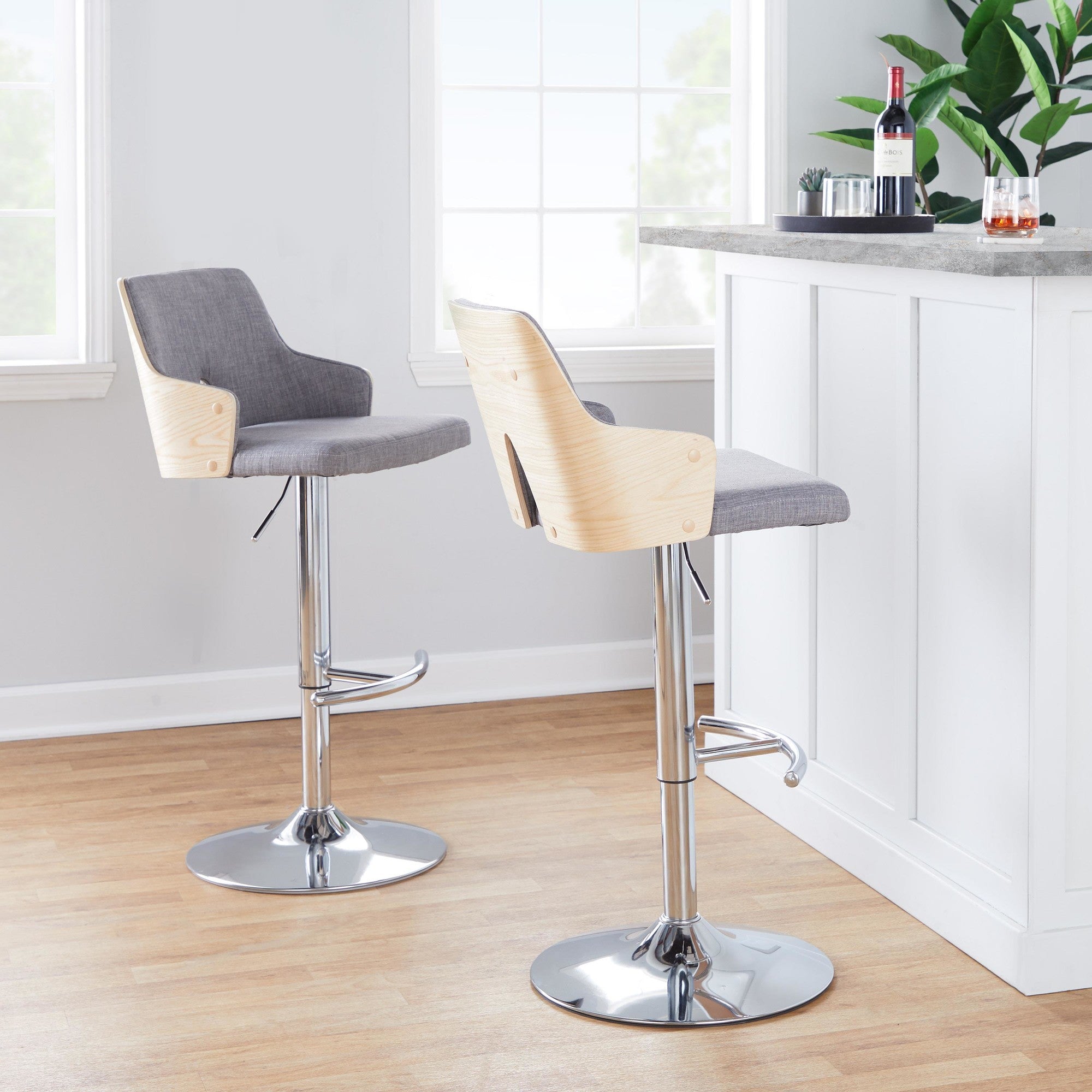 Stella Adjustable Barstool - Set of 2 - Chrome Metal, Natural Wood, Light Grey Fabric