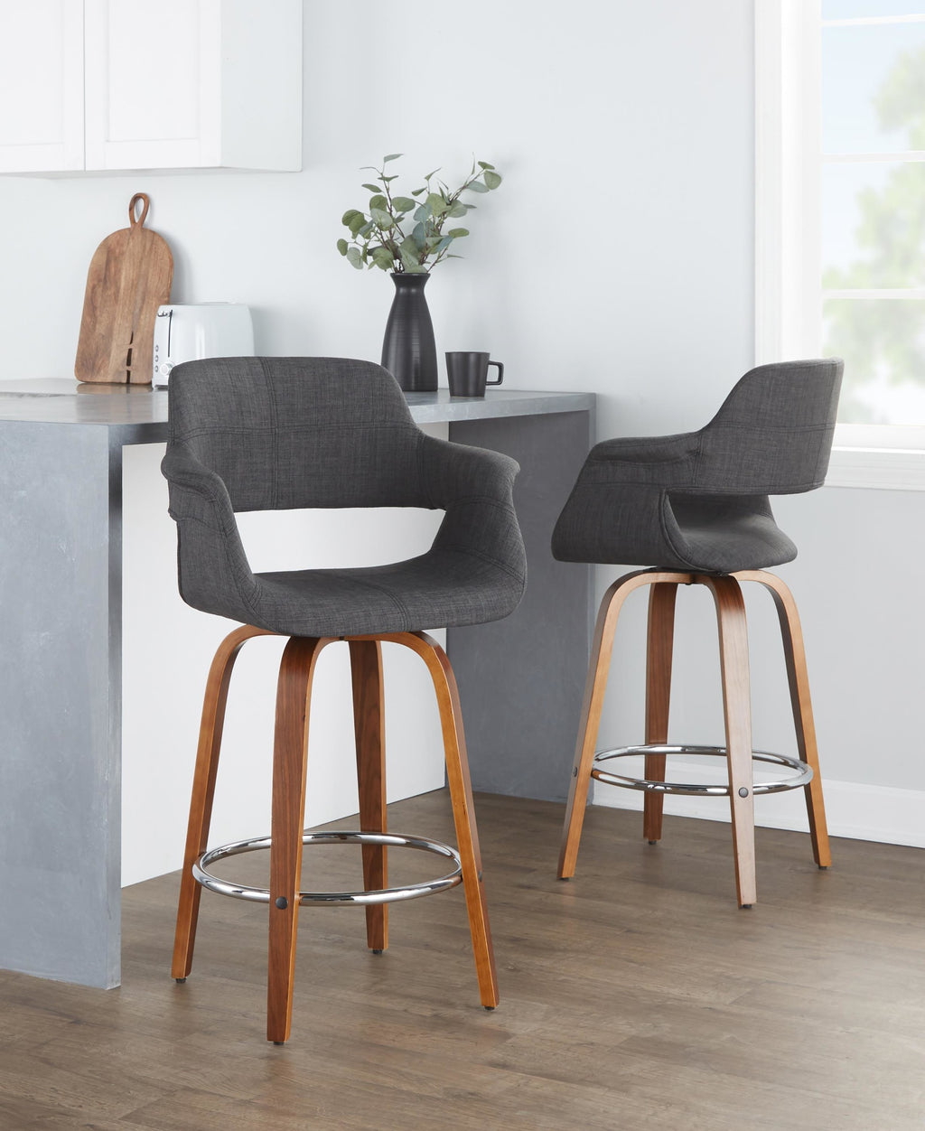 Vintage Flair 26" Fixed-Height Counter Stool - Set of 2 - Walnut Wood, Chrome Metal, Charcoal Fabric