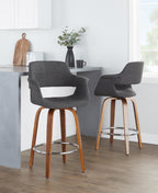 Vintage Flair 26" Fixed-Height Counter Stool - Set of 2 - Walnut Wood, Chrome Metal, Charcoal Fabric
