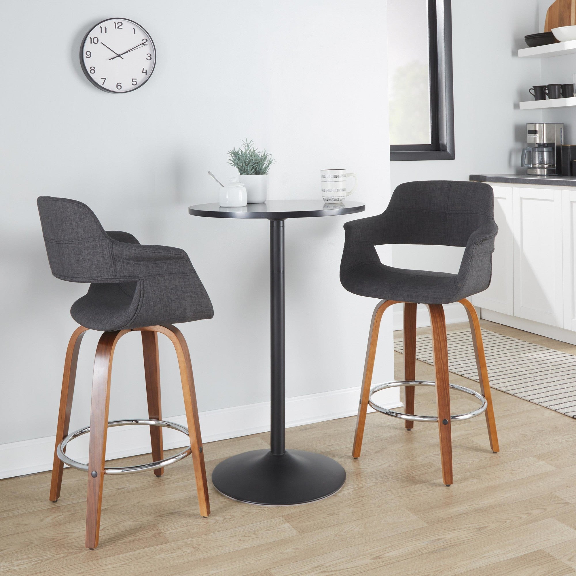 Vintage Flair 26" Fixed-Height Counter Stool - Set of 2 - Walnut Wood, Chrome Metal, Charcoal Fabric