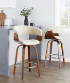 Vintage Mod 26" Fixed-Height Counter Stool - Set of 2 - Walnut Wood, Chrome Metal, Cream Fabric