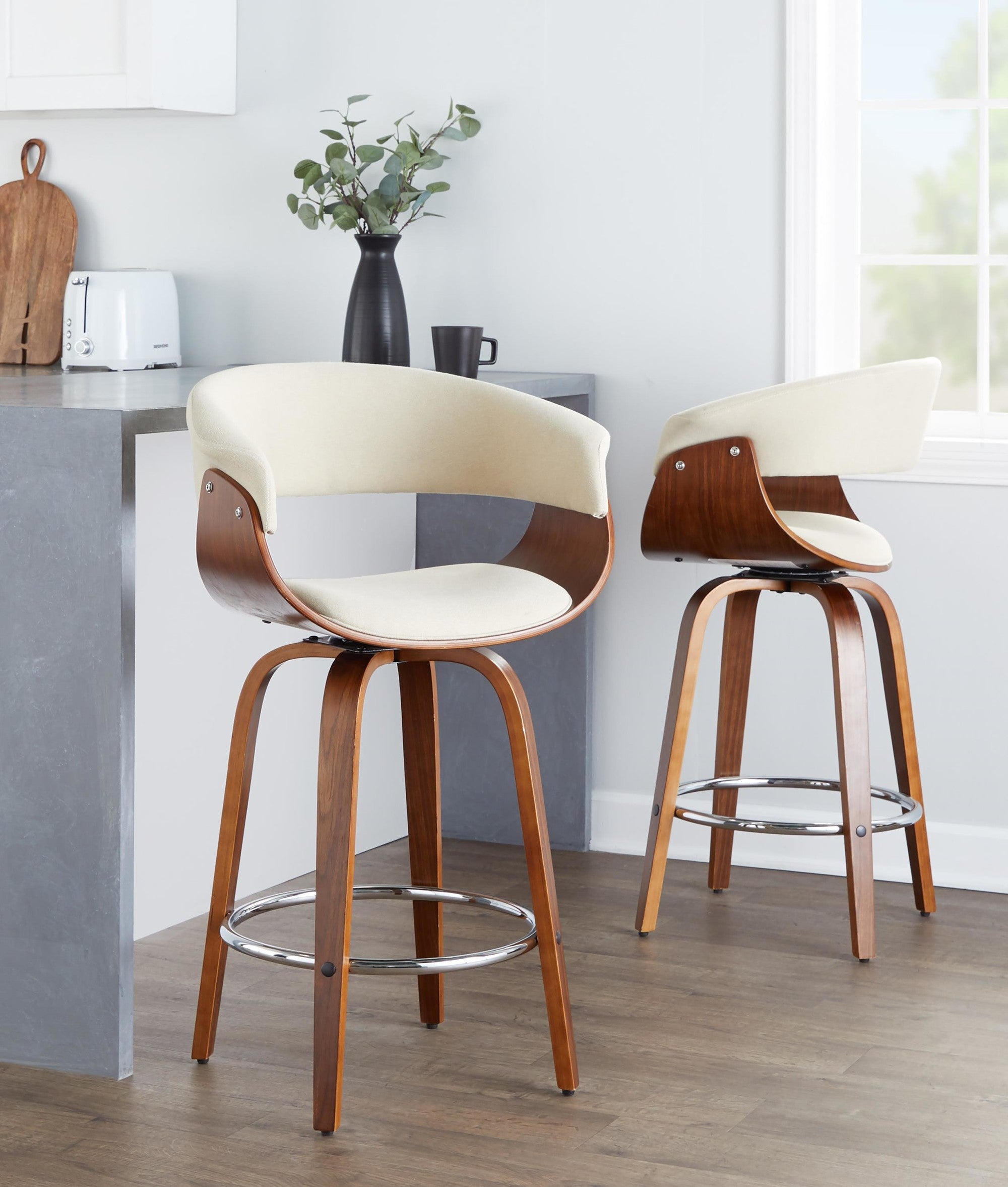 Vintage Mod 26" Fixed-Height Counter Stool - Set of 2 - Walnut Wood, Chrome Metal, Cream Fabric
