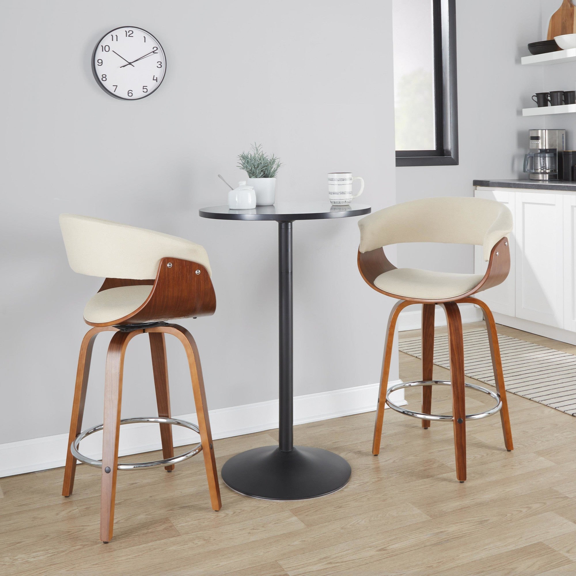 Vintage Mod 26" Fixed-Height Counter Stool - Set of 2 - Walnut Wood, Chrome Metal, Cream Fabric