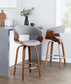Vintage Mod 26" Fixed-Height Counter Stool - Set of 2 - Walnut Wood, Chrome Metal, Light Grey Fabric