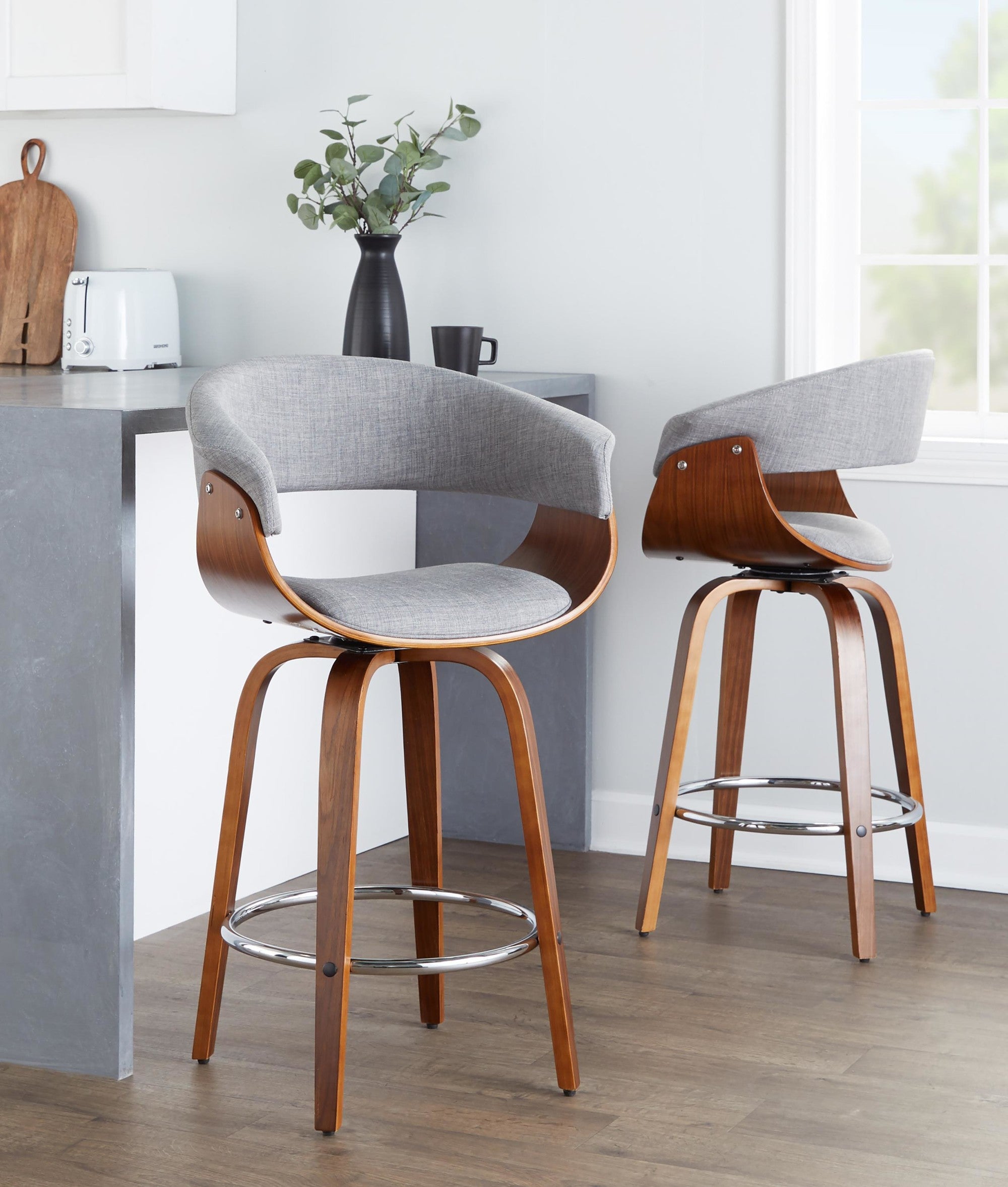 Vintage Mod 26" Fixed-Height Counter Stool - Set of 2 - Walnut Wood, Chrome Metal, Light Grey Fabric
