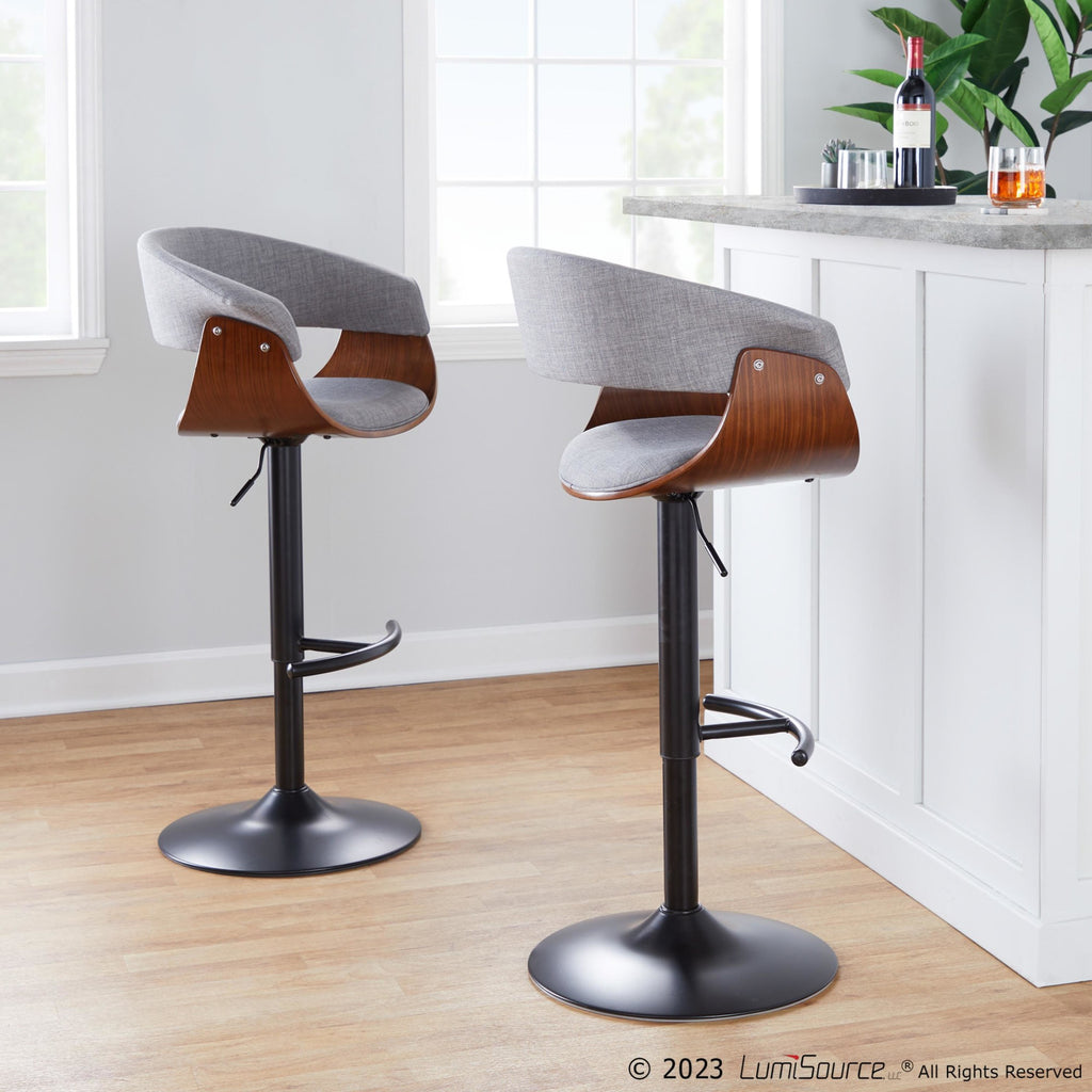 Vintage Mod Adjustable Barstool - Set of 2 - Black Metal, Walnut Wood, Light Grey Fabric