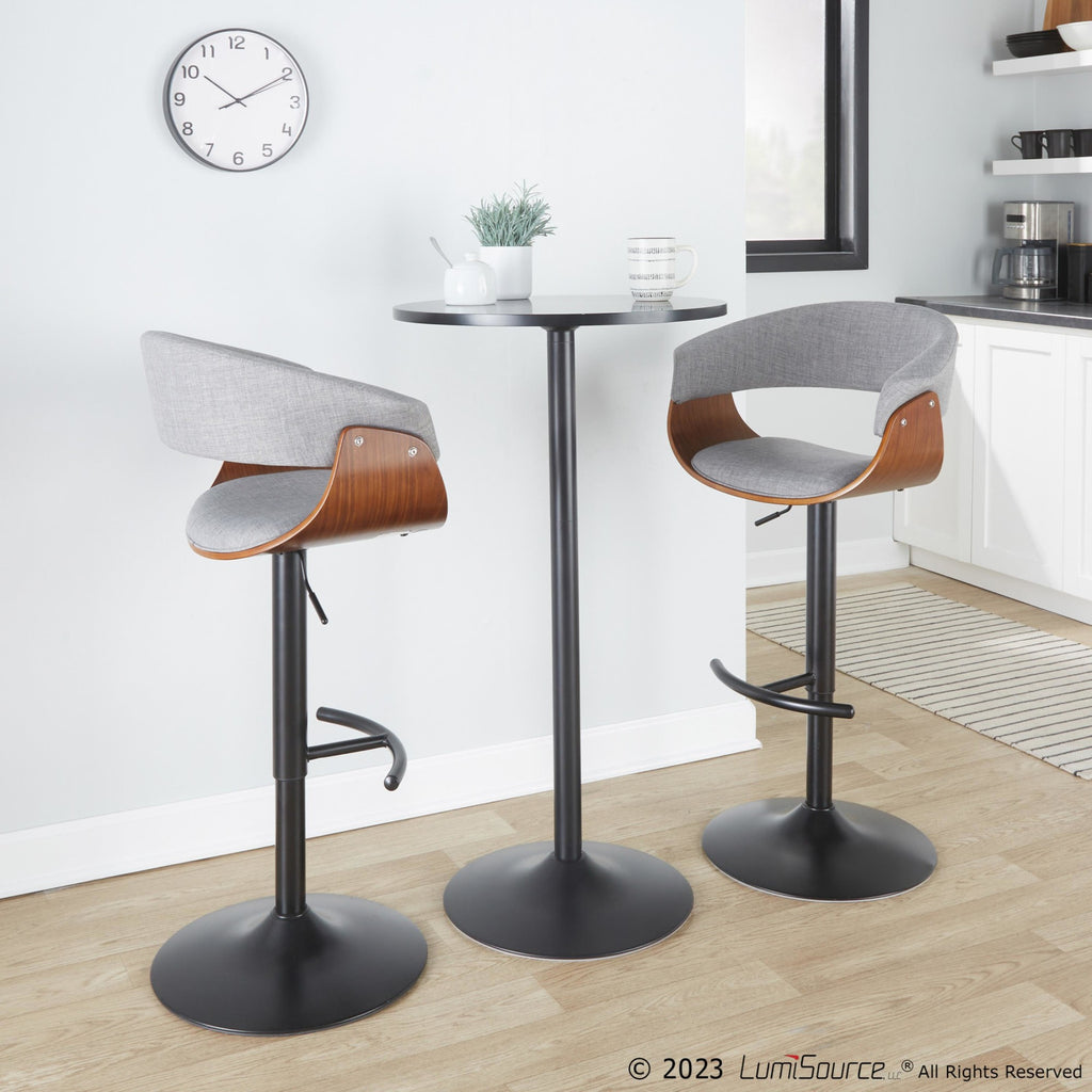 Vintage Mod Adjustable Barstool - Set of 2 - Black Metal, Walnut Wood, Light Grey Fabric