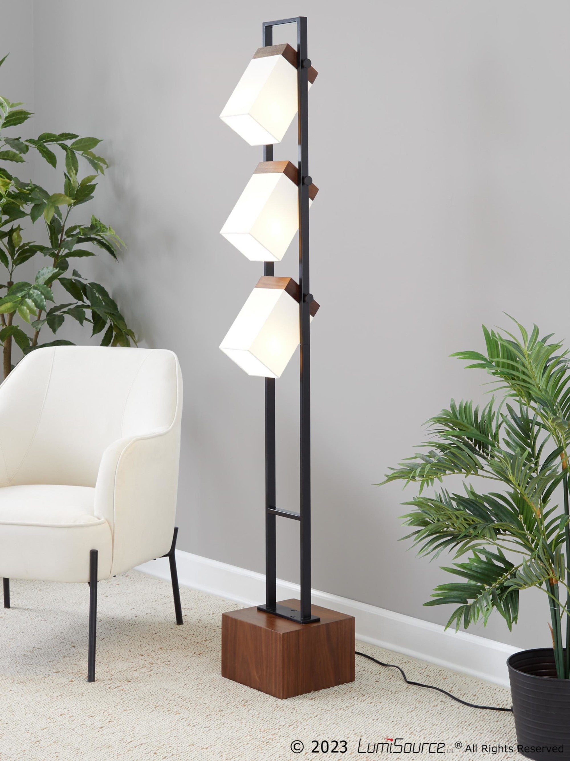 Bento 67" Metal Floor Lamp - Black Metal, Walnut Wood, White Shade