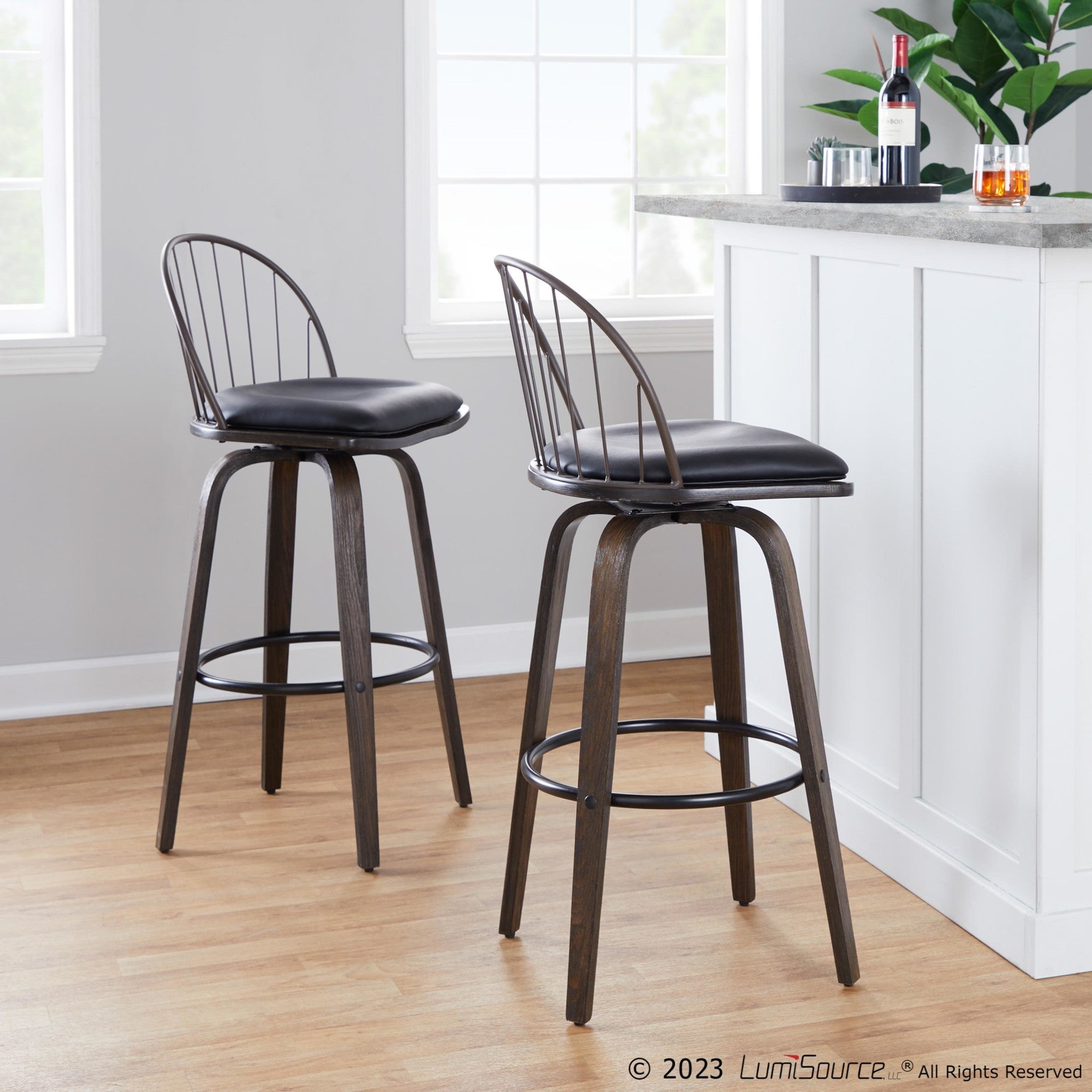 Riley 30" Fixed-Height Barstool - Set of 2 - Walnut Glazed Wood, Black Metal, Bronze Metal, Dark Walnut Wood, Brown PU