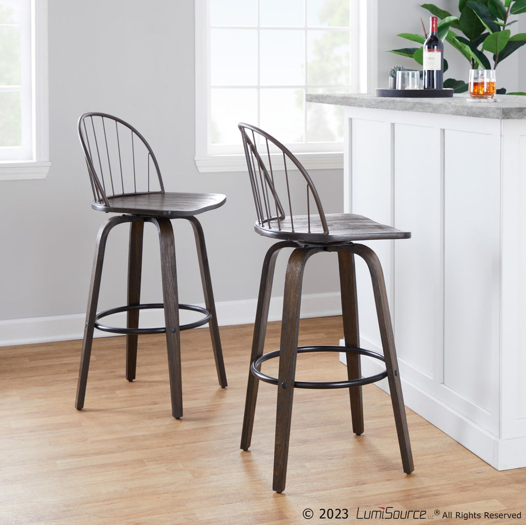 Riley 30" Fixed-Height Barstool - Set of 2 - Walnut Glazed Wood, Black Metal, Bronze Metal, Dark Walnut Wood, Brown PU
