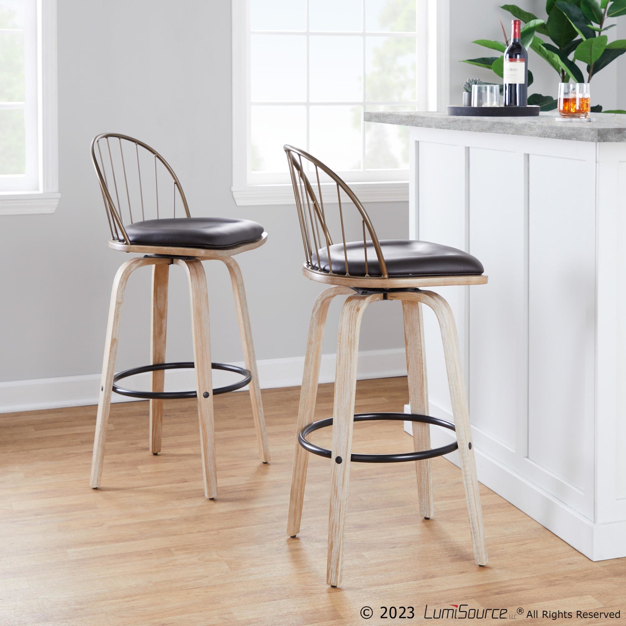 Riley 30" Fixed-Height Barstool - Set of 2 - Whitewashed Wood, Black Metal, Antique Copper Metal, Brown PU