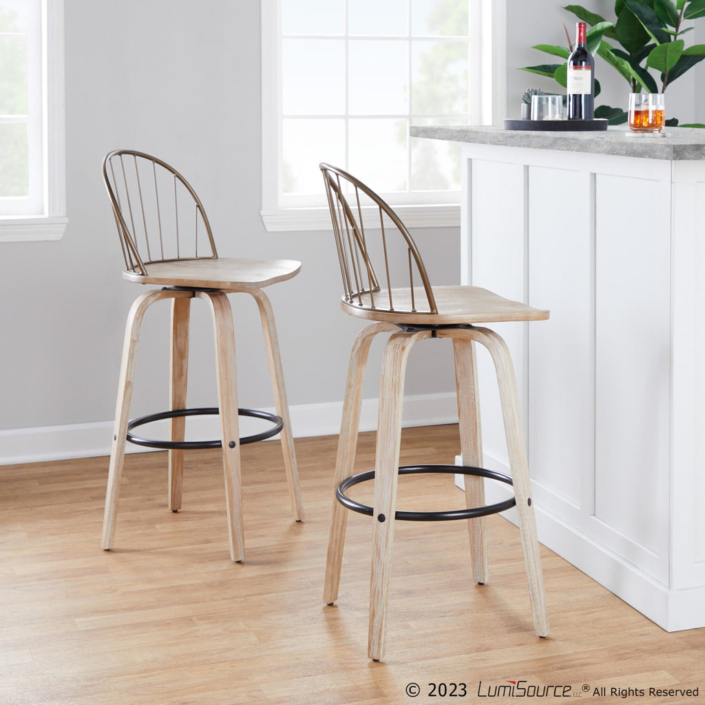 Riley 30" Fixed-Height Barstool - Set of 2 - Whitewashed Wood, Black Metal, Antique Copper Metal, Brown PU