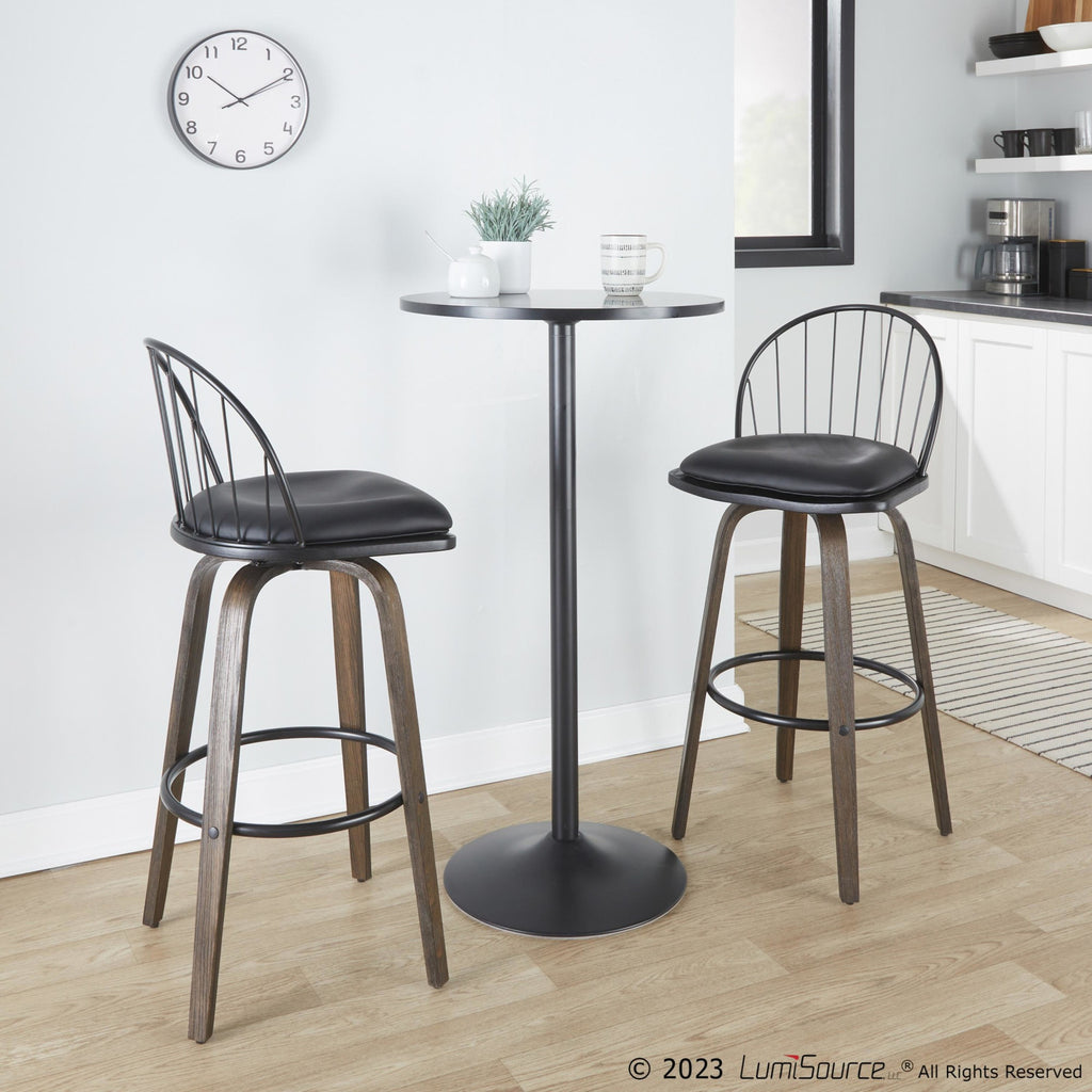 Riley 30" Fixed-Height Barstool - Set of 2 - Walnut Glazed Wood, Black Metal, Bronze Metal, Dark Walnut Wood, Brown PU
