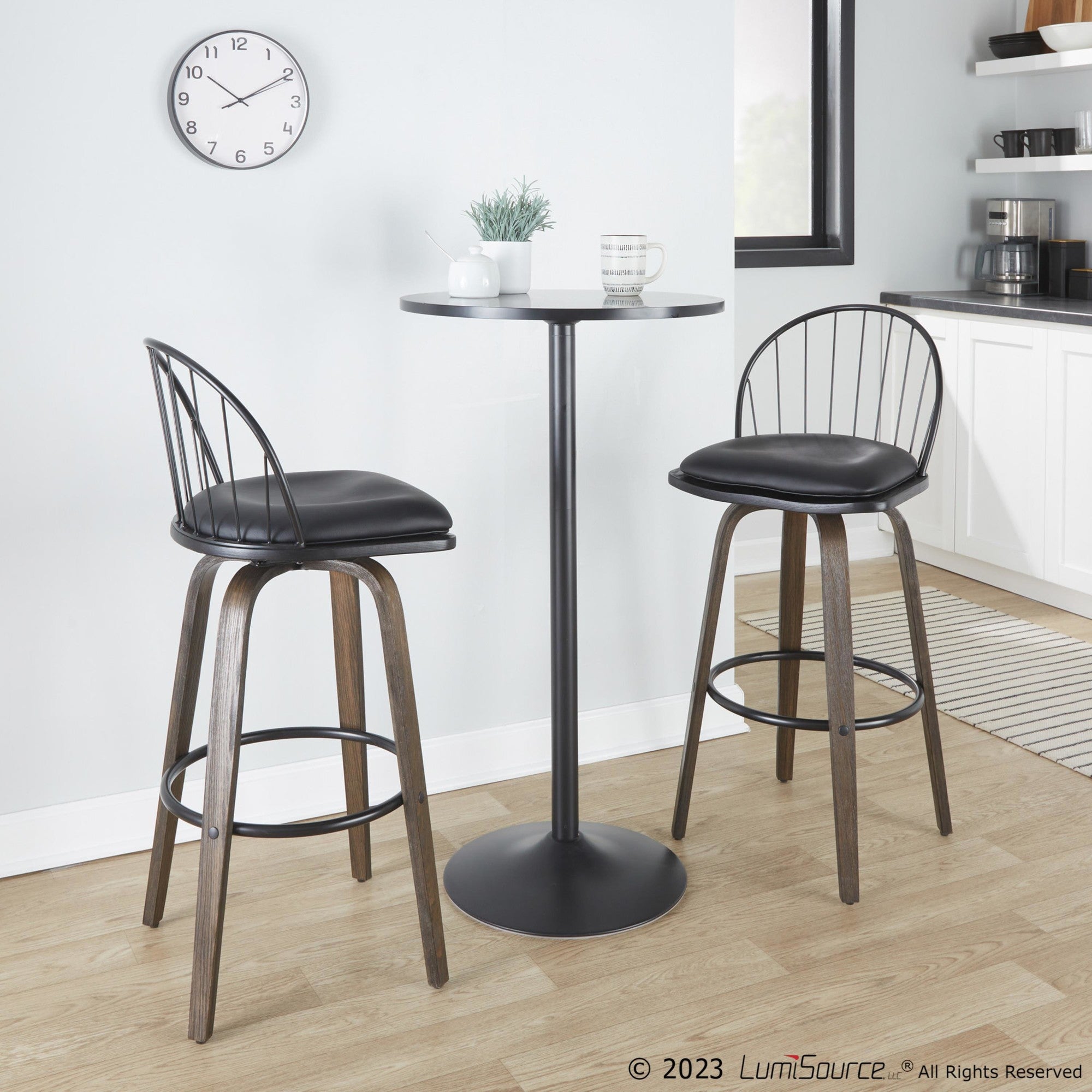 Riley 30" Fixed-Height Barstool - Set of 2 - Walnut Glazed Wood, Black Metal, Bronze Metal, Dark Walnut Wood, Brown PU
