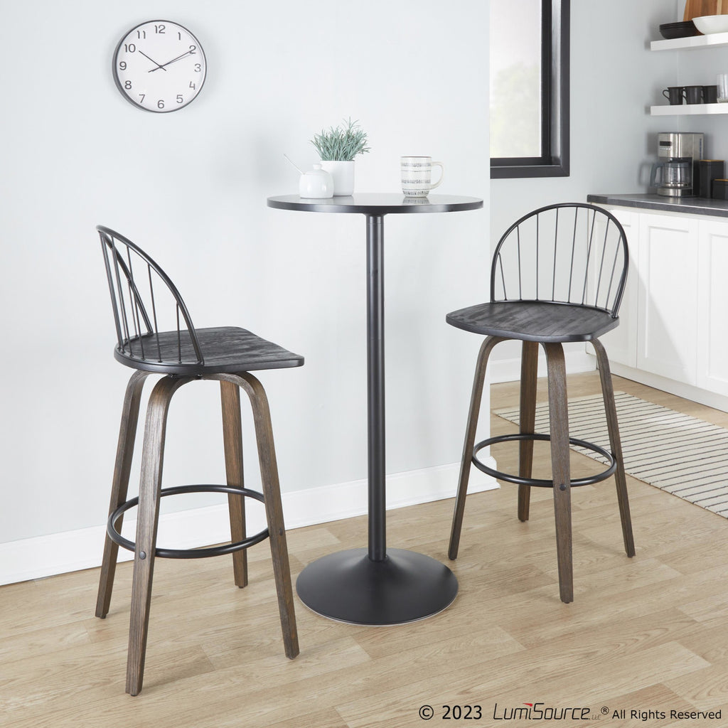 Riley 30" Fixed-Height Barstool - Set of 2 - Walnut Glazed Wood, Black Metal, Bronze Metal, Dark Walnut Wood, Brown PU