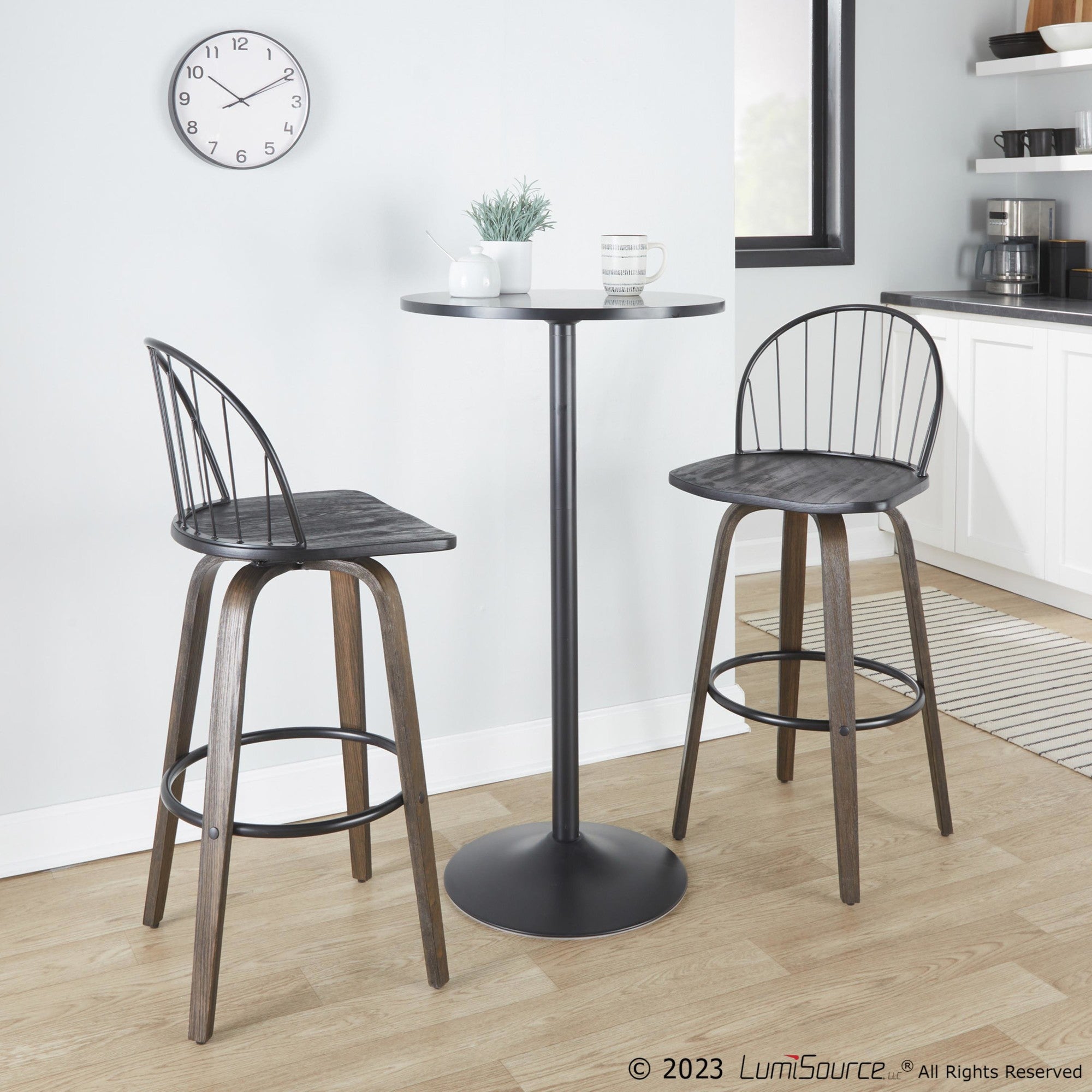 Riley 30" Fixed-Height Barstool - Set of 2 - Walnut Glazed Wood, Black Metal, Bronze Metal, Dark Walnut Wood, Brown PU