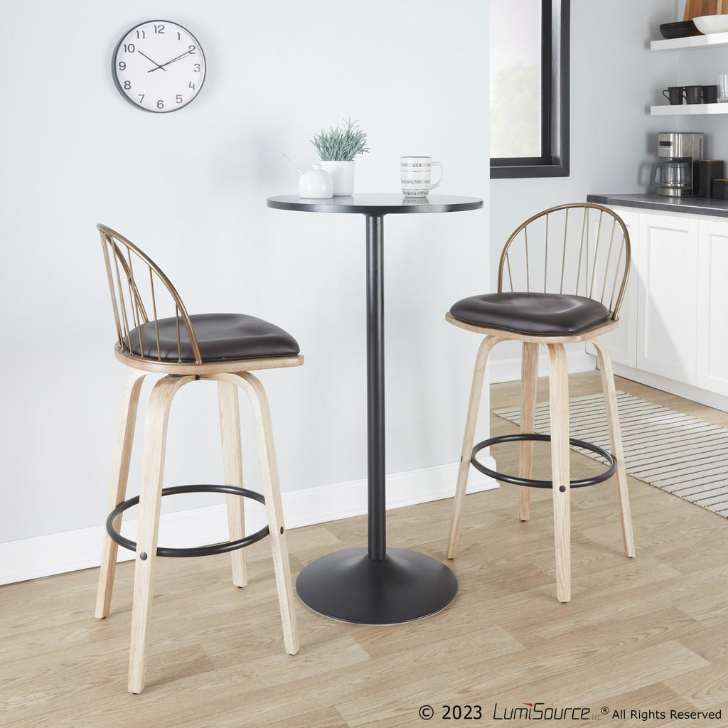 Riley 30" Fixed-Height Barstool - Set of 2 - Whitewashed Wood, Black Metal, Antique Copper Metal, Brown PU