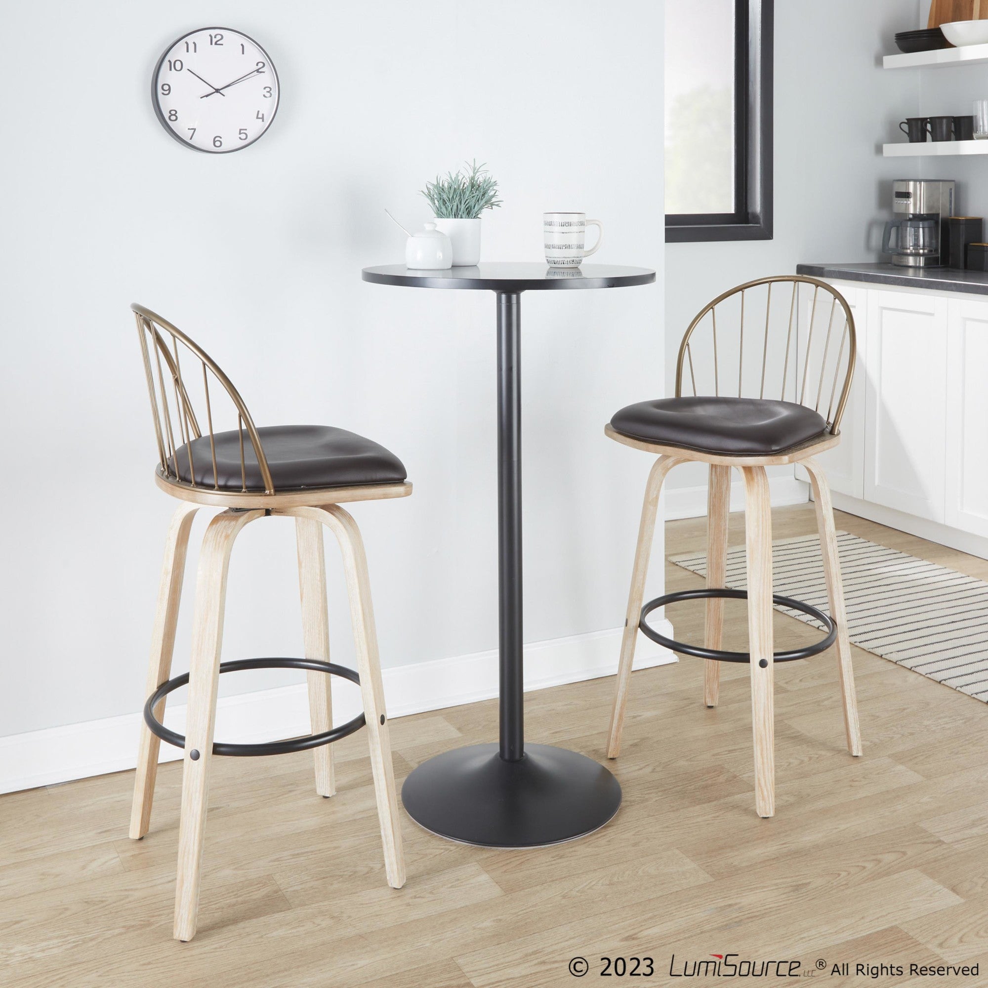 Riley 30" Fixed-Height Barstool - Set of 2 - Whitewashed Wood, Black Metal, Antique Copper Metal, Brown PU