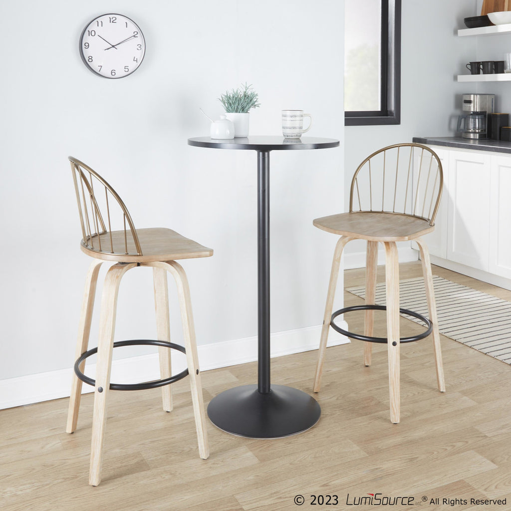 Riley 30" Fixed-Height Barstool - Set of 2 - Whitewashed Wood, Black Metal, Antique Copper Metal, Brown PU