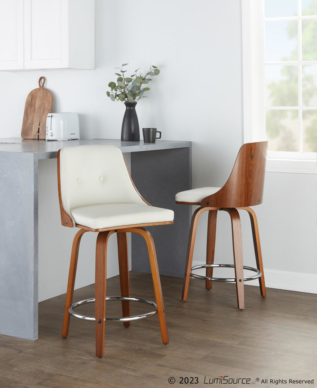 Gianna 24" Fixed-Height Counter Stool - Set of 2 - Walnut Wood, Chrome Footrest, White PU