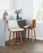 Gianna 24" Fixed-Height Counter Stool - Set of 2 - Walnut Wood, Chrome Footrest, White PU