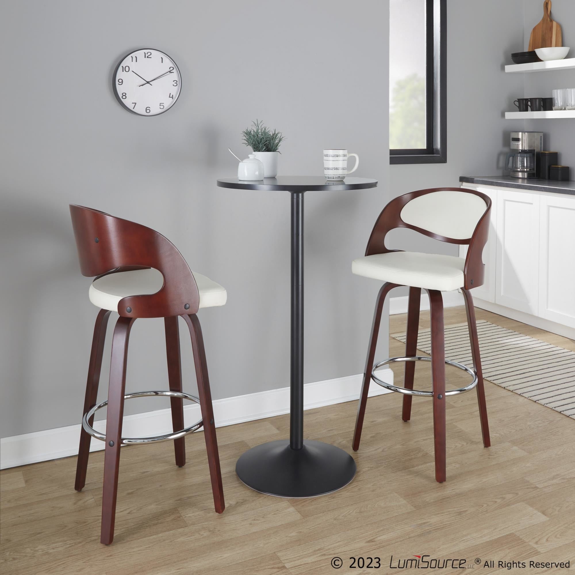 Pino 30" Fixed-Height Barstool - Set of 2 - Mahogany Wood, White PU, Chrome Metal