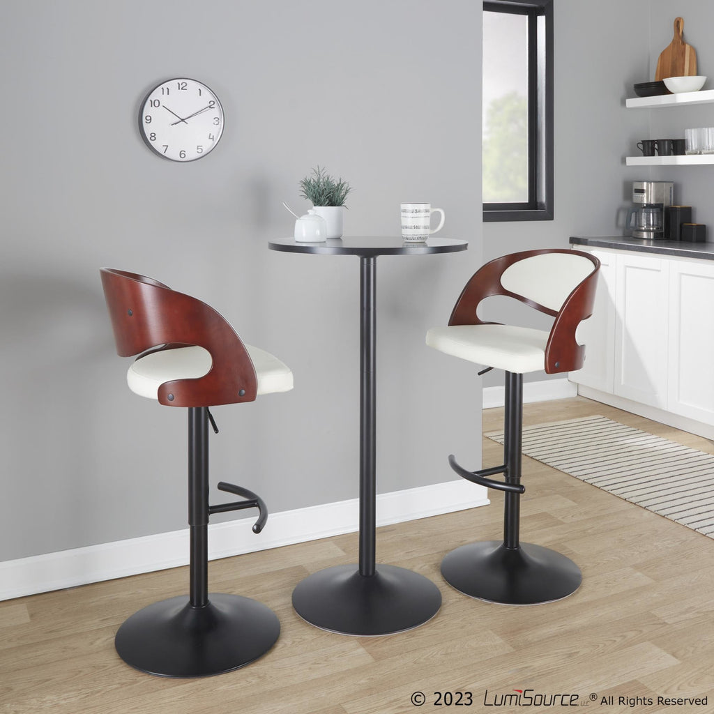 Pino Adjustable Barstool - Set of 2 - Black Metal, Mahogany Wood, White PU