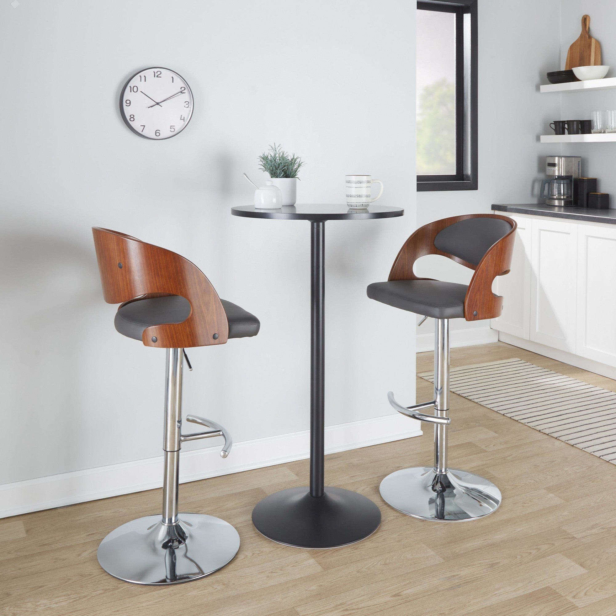 Pino Adjustable Barstool - Set of 2 - Chrome Metal, Walnut Wood, Grey PU