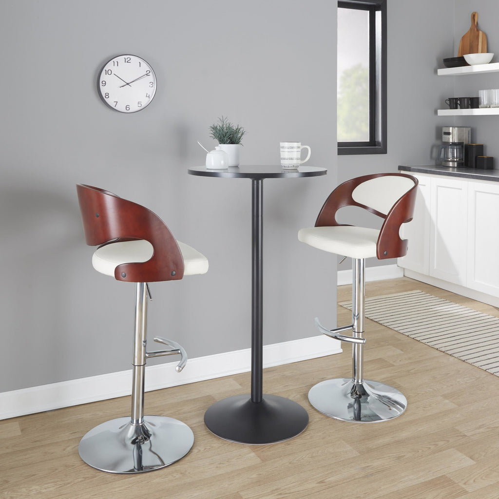 Pino Adjustable Barstool - Set of 2 - Chrome Metal, Mahogany Wood, White PU