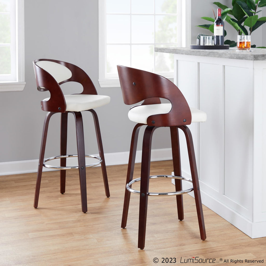 Pino 30" Fixed-Height Barstool - Set of 2 - Mahogany Wood, White PU, Chrome Metal