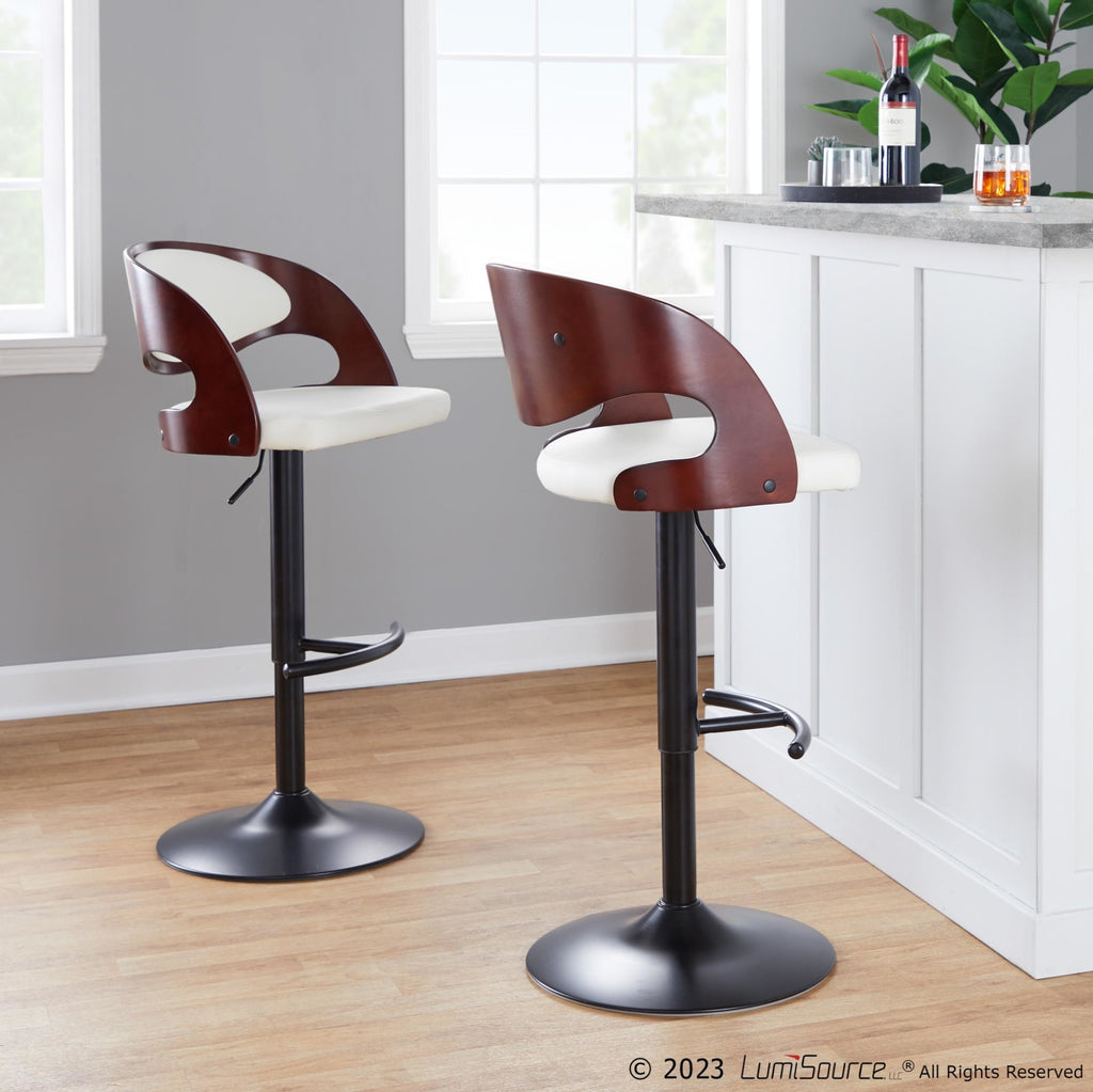 Pino Adjustable Barstool - Set of 2 - Black Metal, Mahogany Wood, White PU