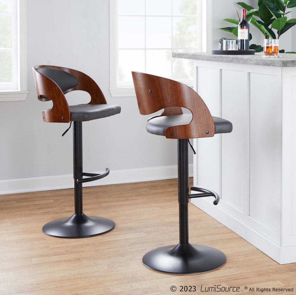 Pino Adjustable Barstool - Set of 2 - Black Metal, Walnut Wood, Grey PU
