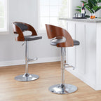 Pino Adjustable Barstool - Set of 2 - Chrome Metal, Walnut Wood, Grey PU