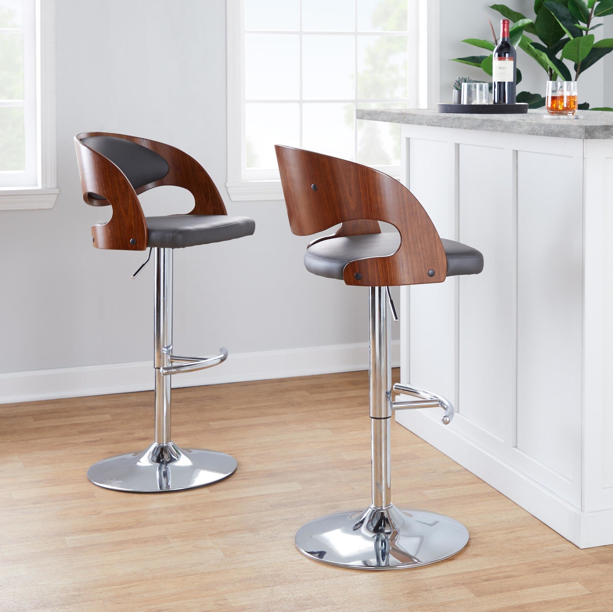 Pino Adjustable Barstool - Set of 2 - Chrome Metal, Walnut Wood, Grey PU