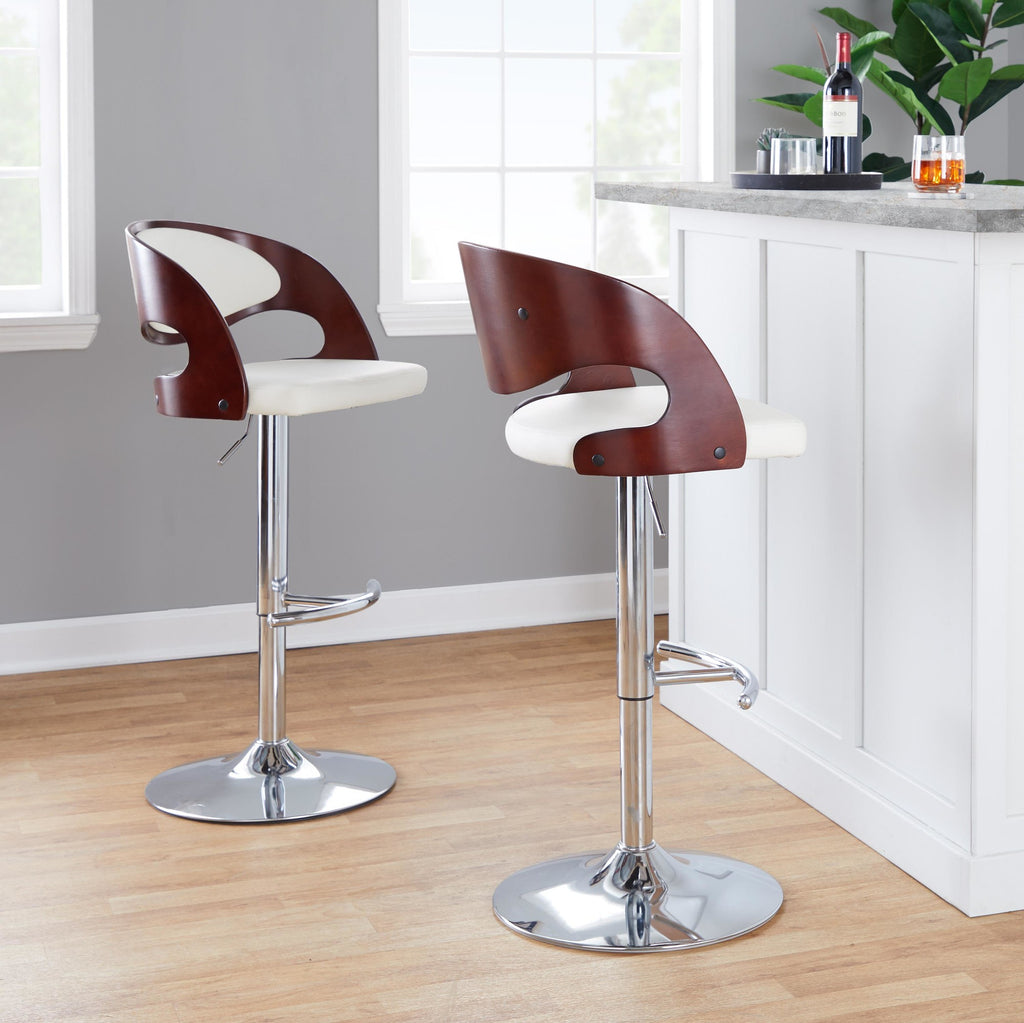 Pino Adjustable Barstool - Set of 2 - Chrome Metal, Mahogany Wood, White PU