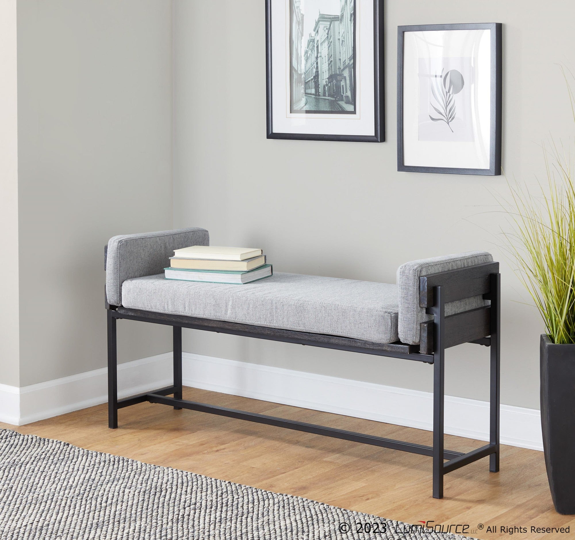 Kari Bench - Black Metal, Grey Wood, Light Grey Fabric