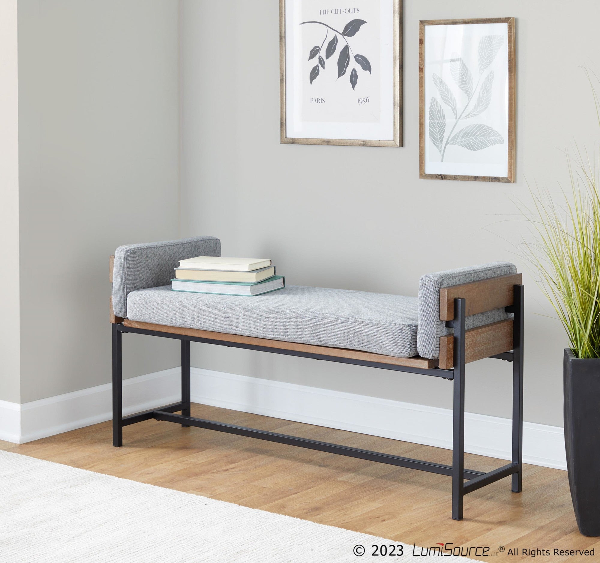 Kari Bench - Black Metal, Brown Wood, Light Grey Fabric