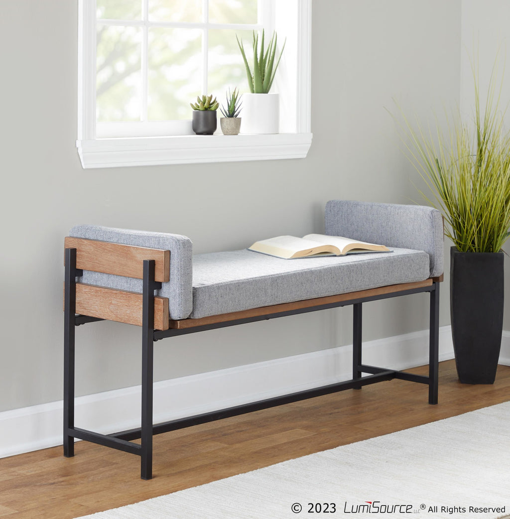 Kari Bench - Black Metal, Brown Wood, Light Grey Fabric