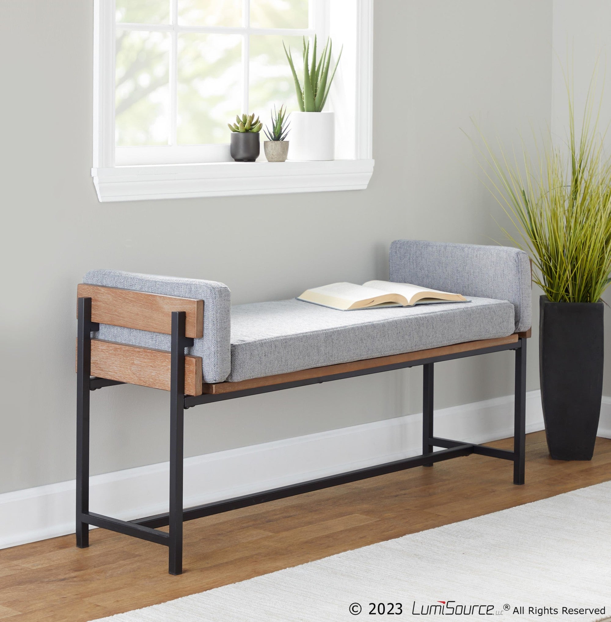 Kari Bench - Black Metal, Brown Wood, Light Grey Fabric