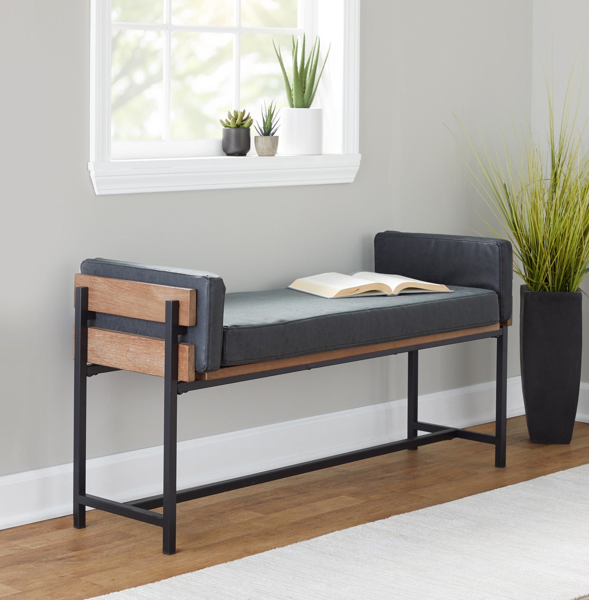 Kari Bench - Black Metal, Brown Wood, Black PU