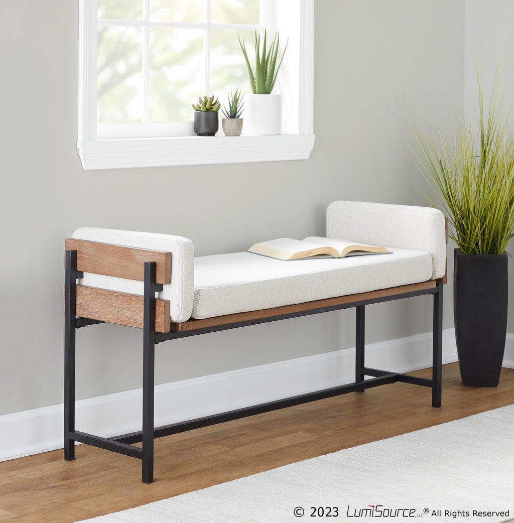 Kari Bench - Black Metal, Brown Wood, Cream Fabric