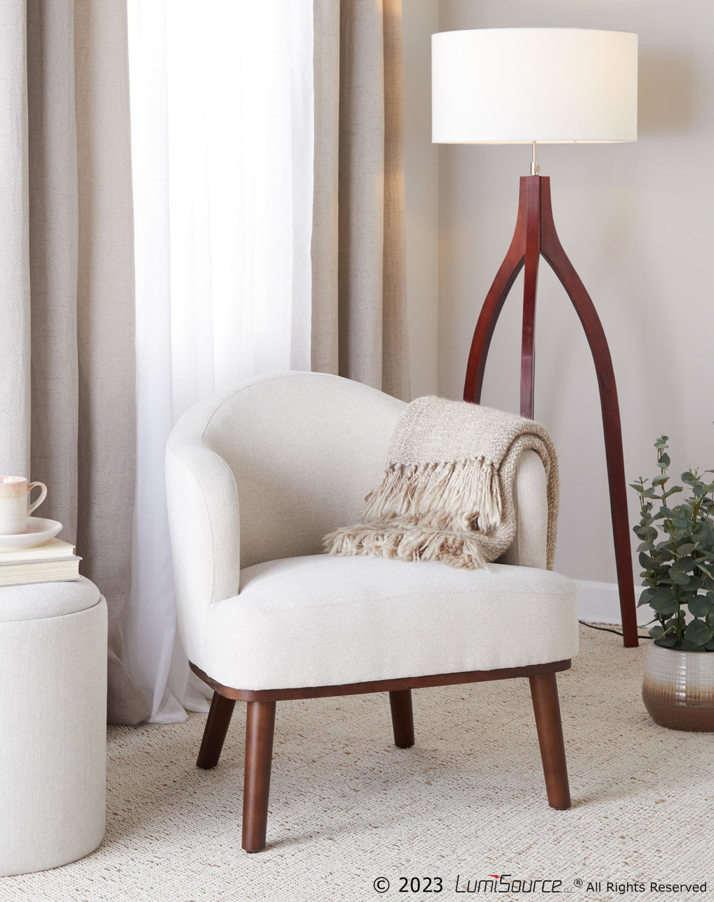 Wishbone Floor Lamp - Walnut Wood, White Fabric Shade