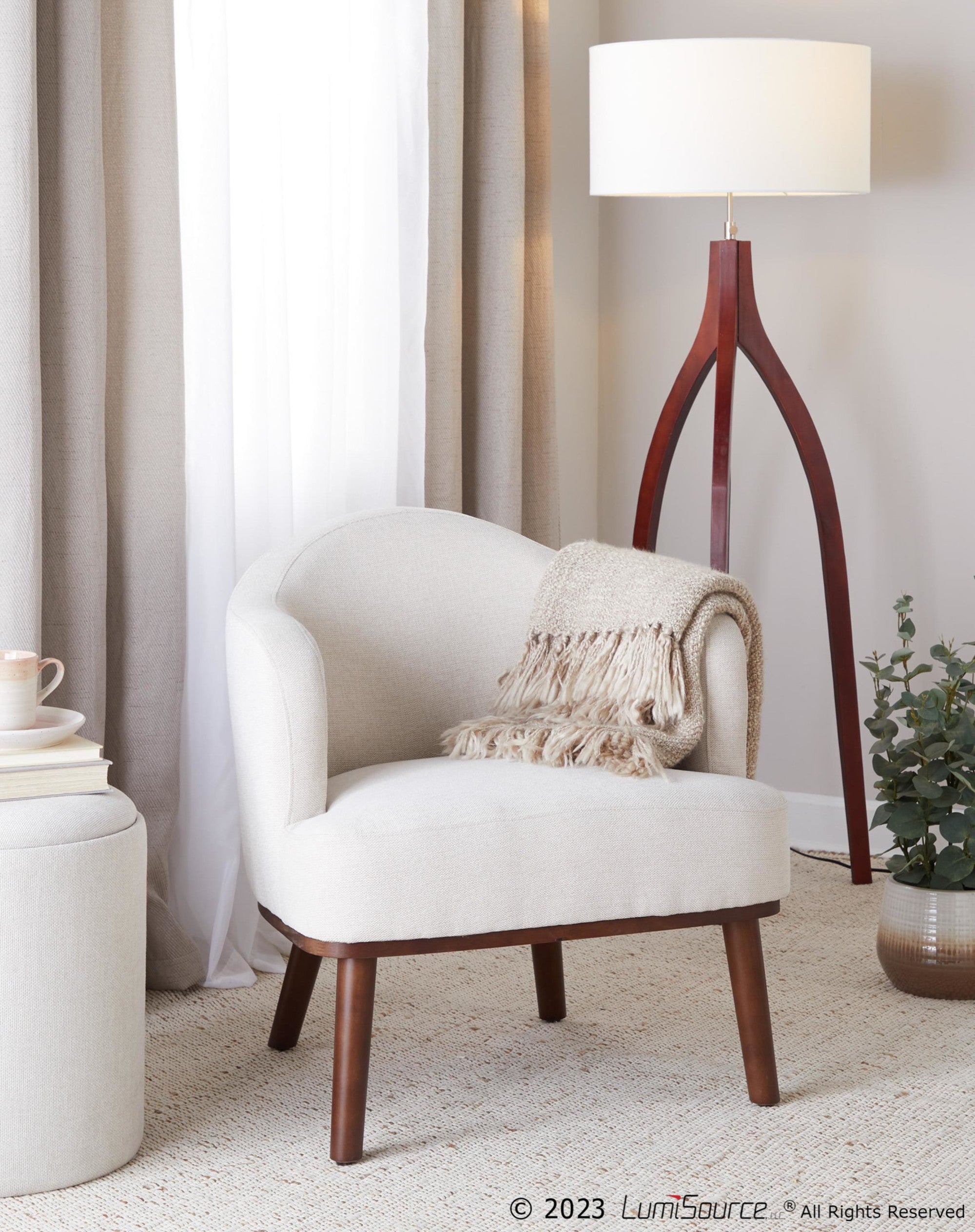 Wishbone Floor Lamp - Walnut Wood, White Fabric Shade