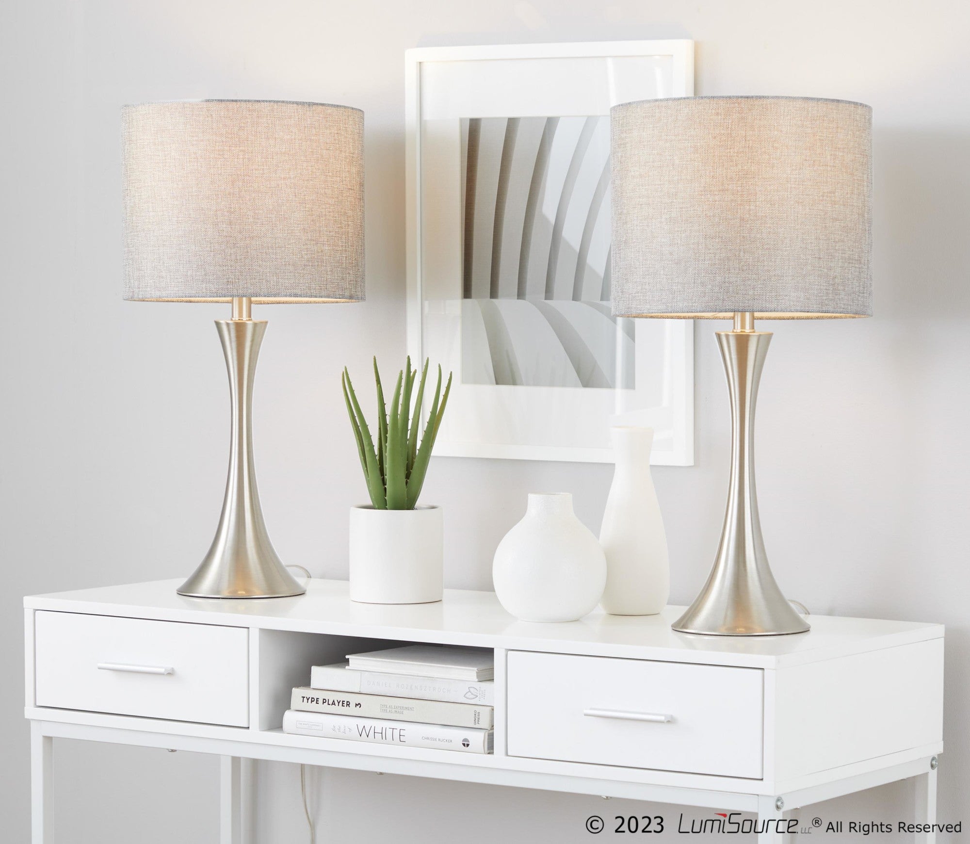 Lenuxe 24" Metal Table Lamp - Set of 2 - Brushed Nickel, Grey Linen