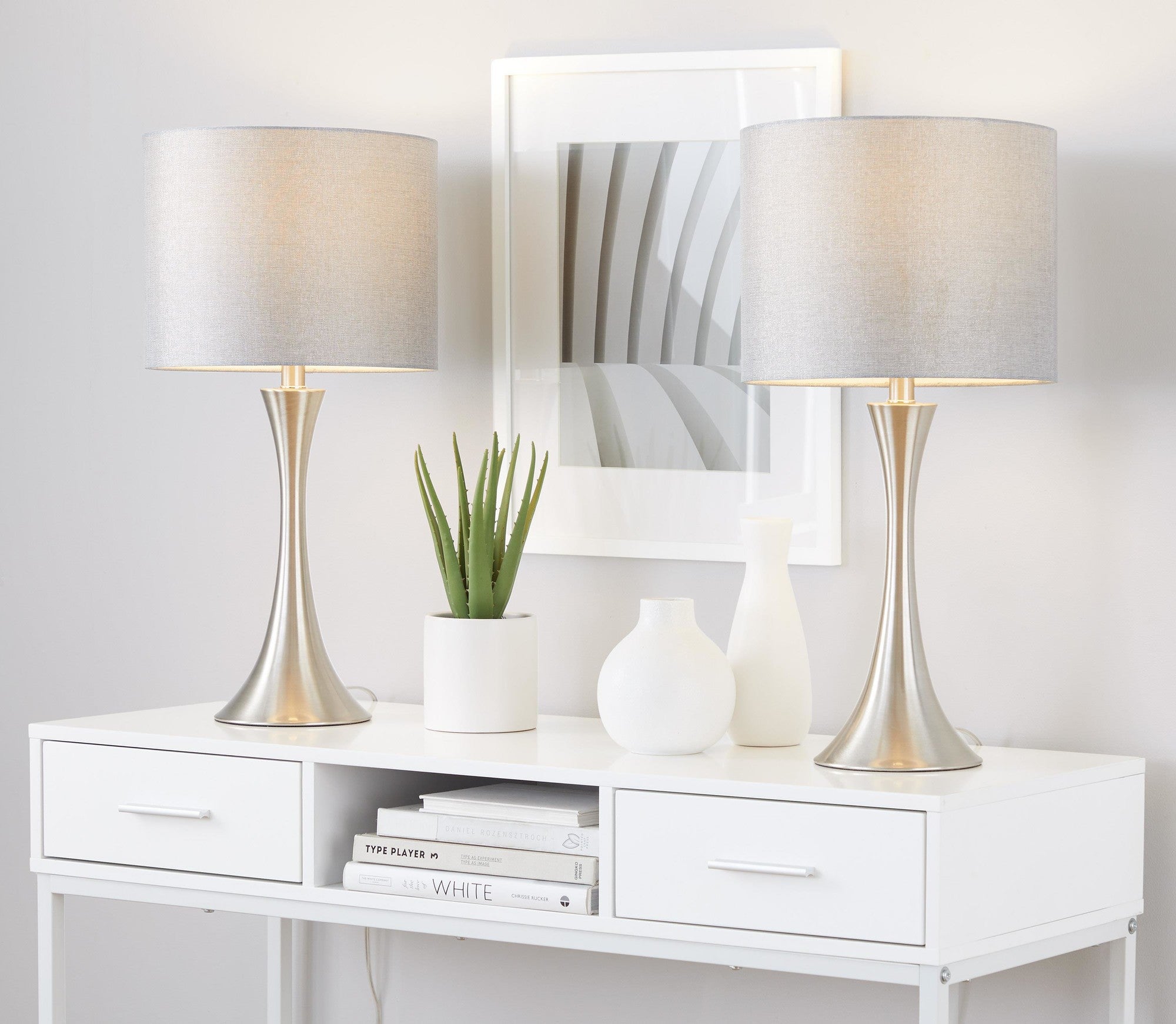 Lenuxe 24" Metal Table Lamp - Set of 2 - Brushed Nickel, Grey Sparkly Linen, Silver Metallic Threading