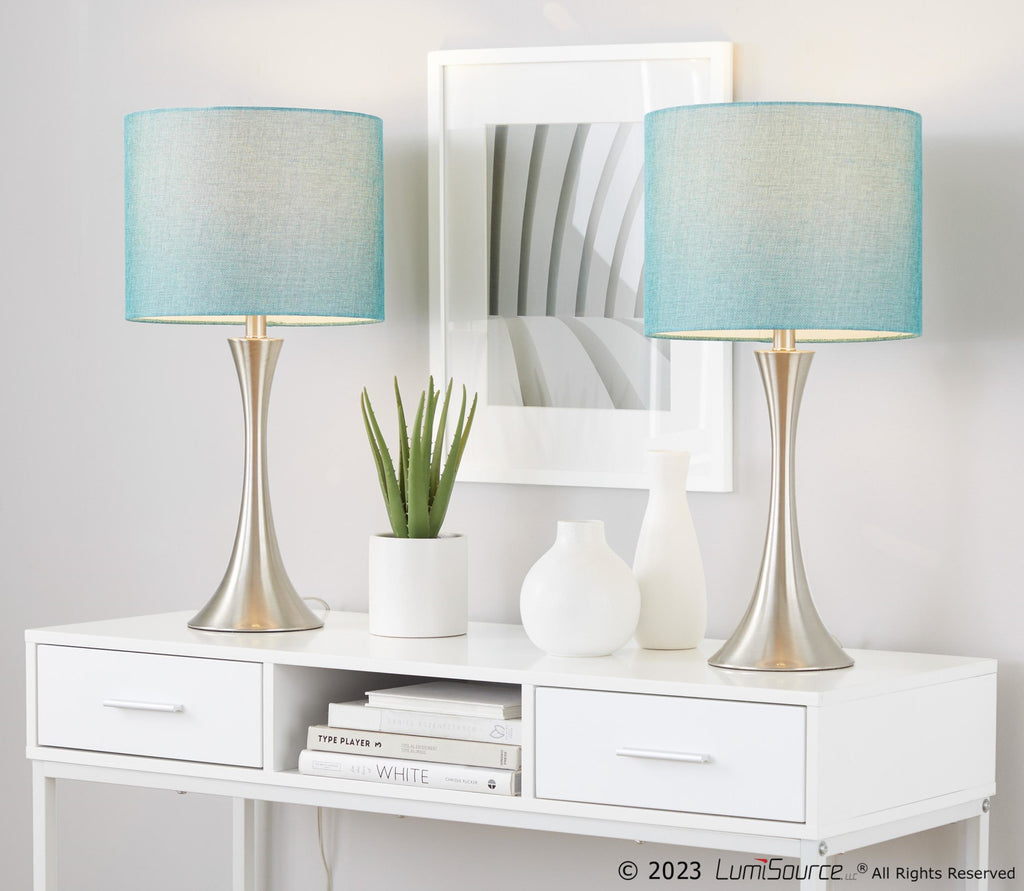 Lenuxe 24" Metal Table Lamp - Set of 2 - Brushed Nickel, Turquoise Linen