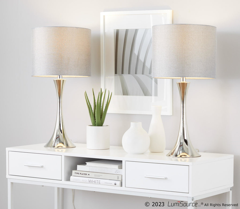Lenuxe 24" Metal Table Lamp - Set of 2 - Polished Nickel, Grey Sparkly Linen, Silver Metallic Threading