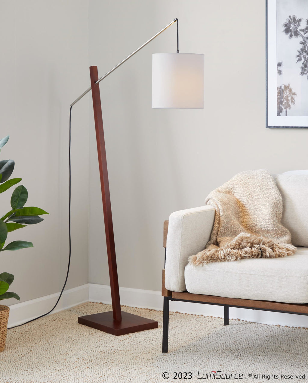 Arturo Floor Lamp - Walnut Wood, Satin Nickel, White Fabric
